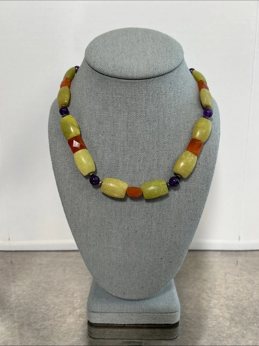 Handcrafted Serpentine, Amethyst and Carnelian Necklace - Green, Orange & Purple